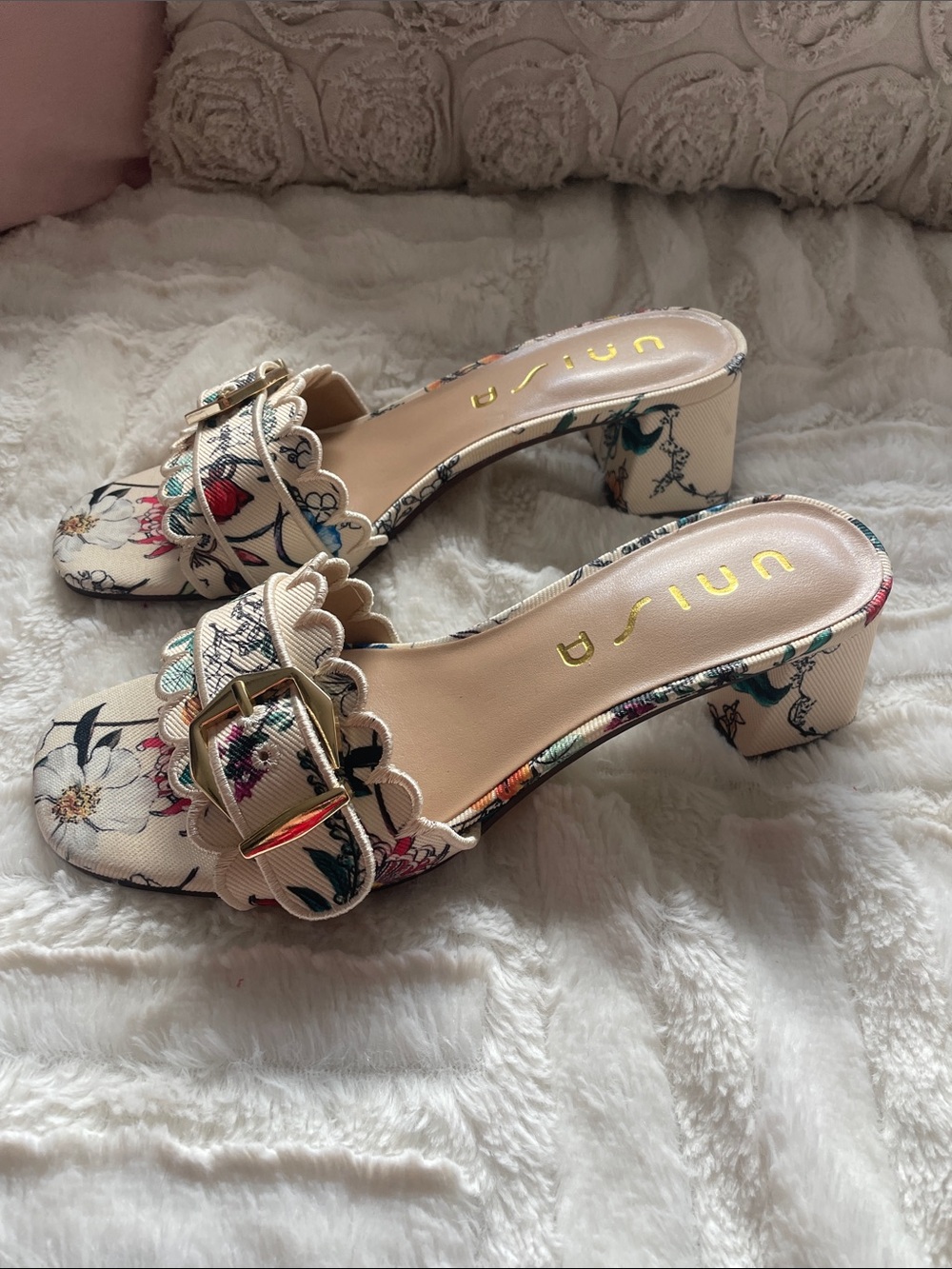 Unisa Cream Floral Buckle Scalloped Mules - Picture 2 of 4